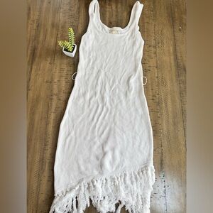 White Sleeveless Dress with Fringe Hem Cotton blend